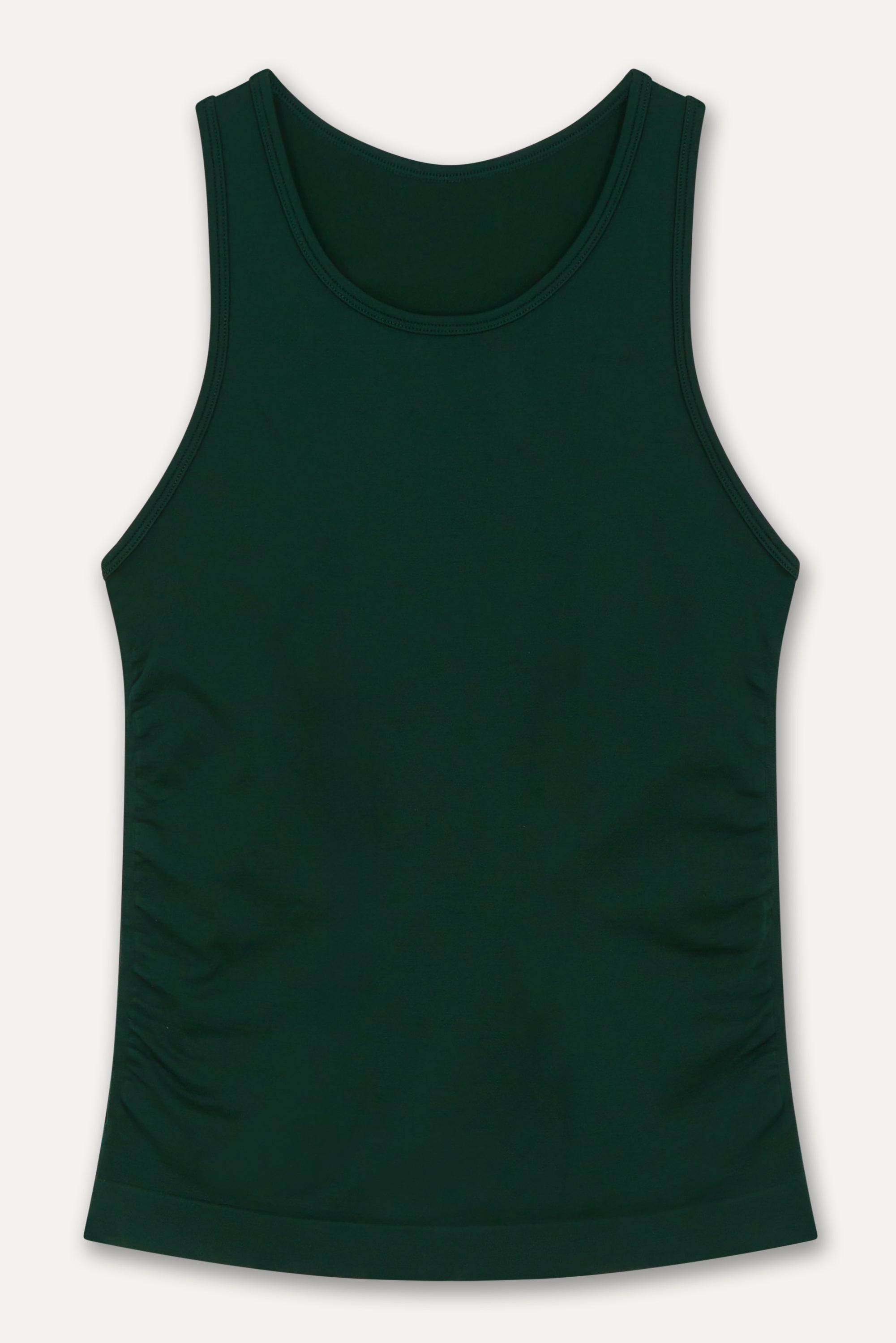 Dark green seamless recycled moisture wicking sleeveless tank top with side ruching for yoga, pilates, gym, cycling, running and exercise by sustainable activewear brand Jilla Active