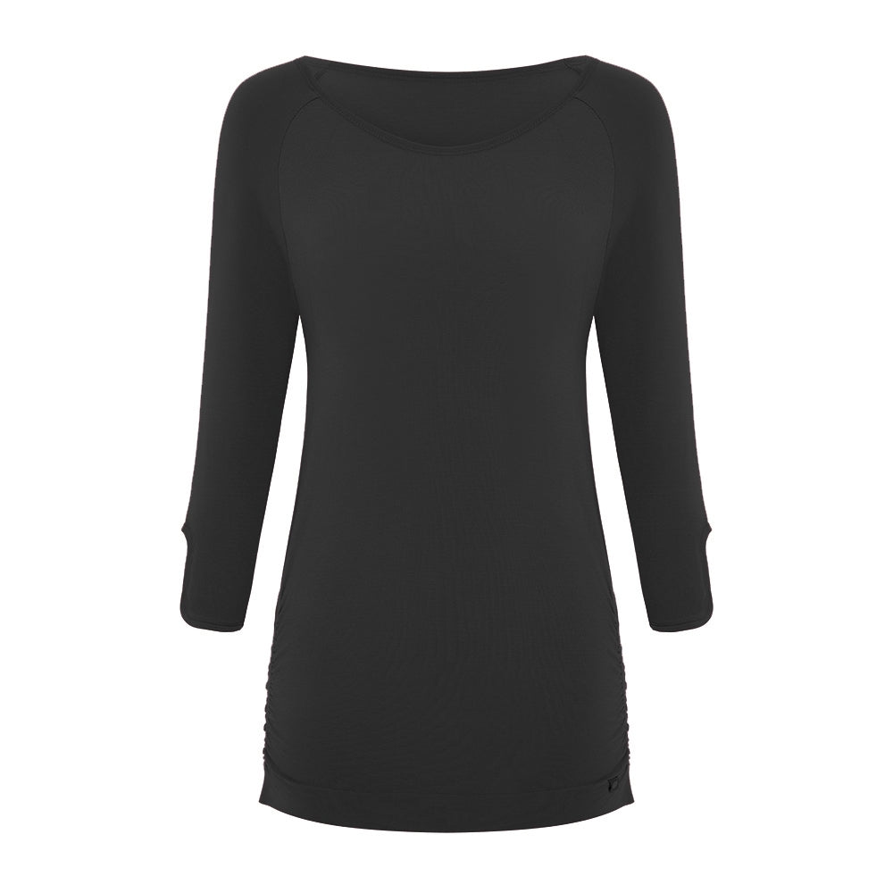Black bamboo long sleeve top for yoga, pilates, barre and running from sustainable activewear brand, Jilla Active