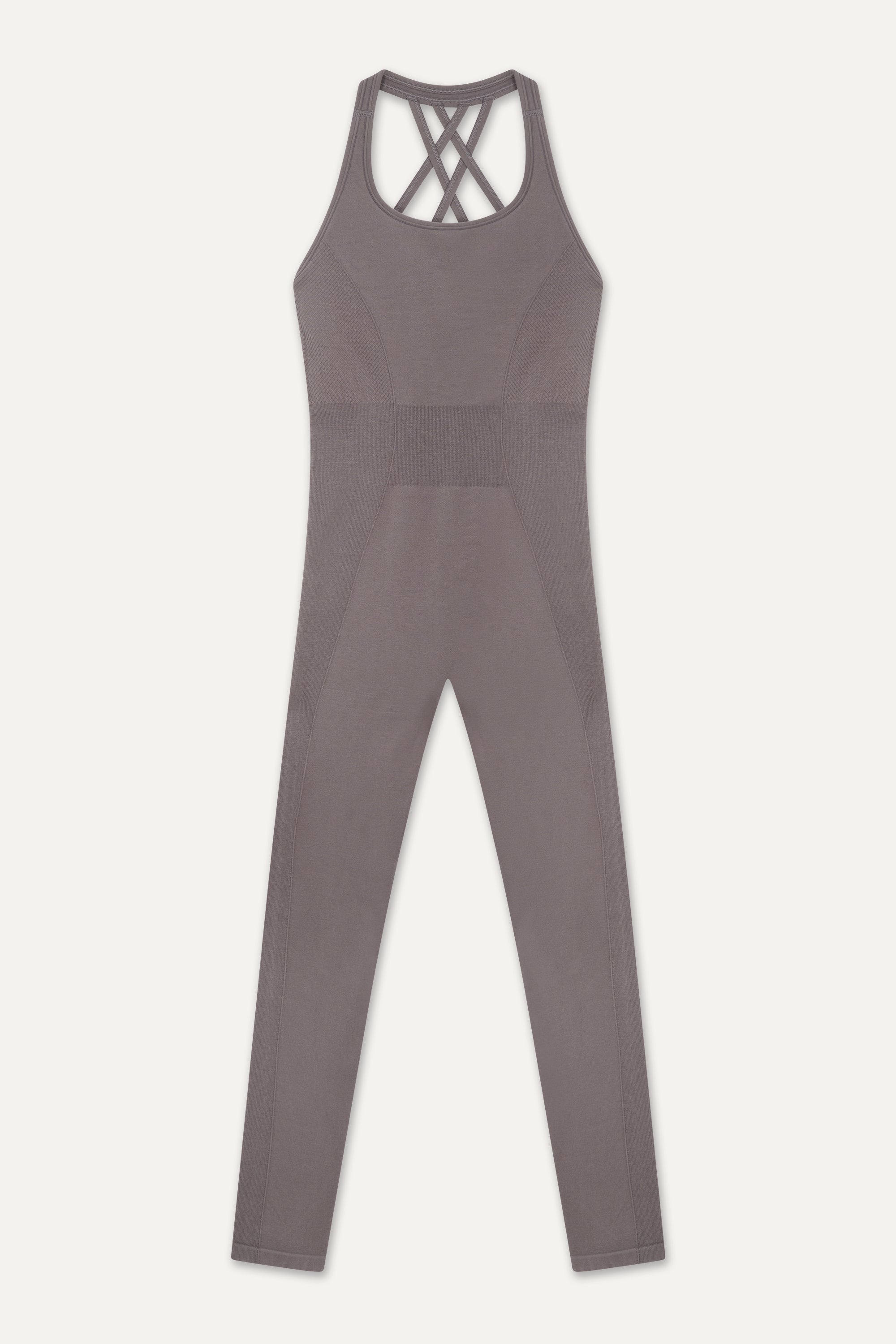 Twilight ash light brown purple seamless sculpting shaping one piece bodysuit with built in shelf bra and removable pads for yoga, pilates, gym and exercise by sustainable activewear brand Jilla Active