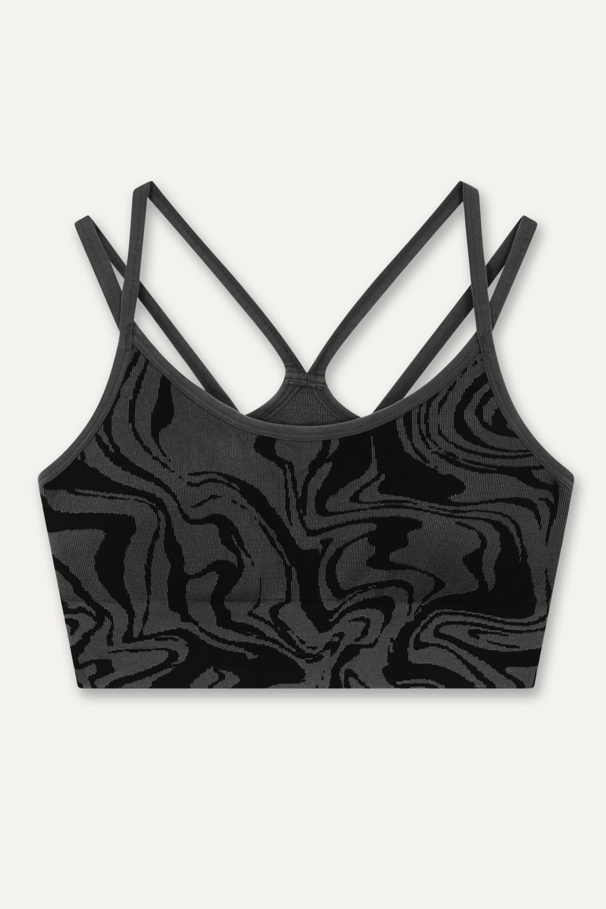 Black grey charcoal recycled seamless marble print low to medium impact supportive sports bra for yoga, pilates, spinning, weights, running and exercise by sustainable activewear brand Jilla Active 