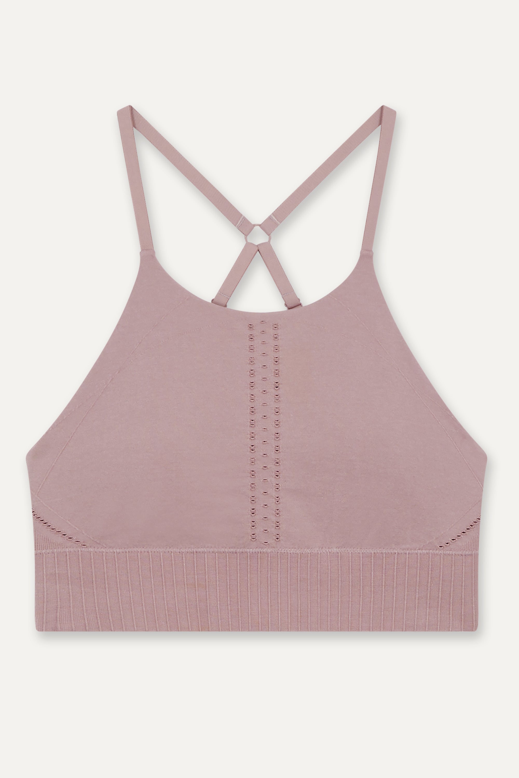 Dusky dusty pink purple long line high neck sports bra top with adjustable straps and removable padding from seamless recycled fabric for yoga, pilates, barre, gym and exercise by sustainable activewear brand Jilla Active 