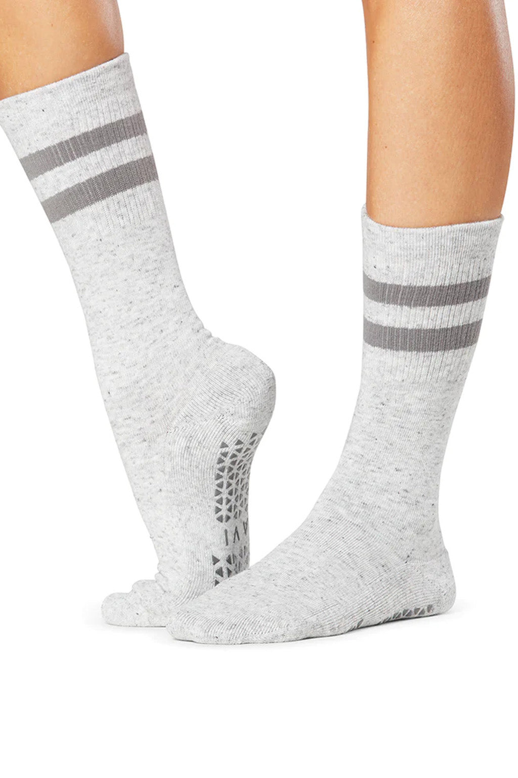 High density grey rubber grip activewear socks for yoga, pilates, gym, and exercise from Tavi Grip featured by sustainable women's activewear brand Jilla Active 