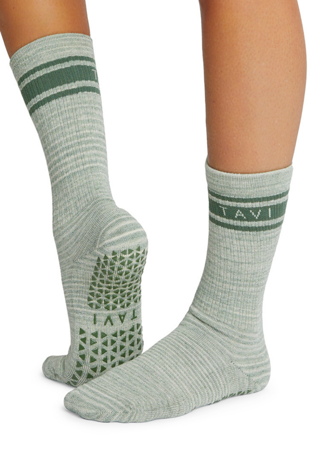 High density green rubber grip activewear socks for yoga, pilates, gym, and exercise from Tavi Grip featured by sustainable women's activewear brand Jilla Active