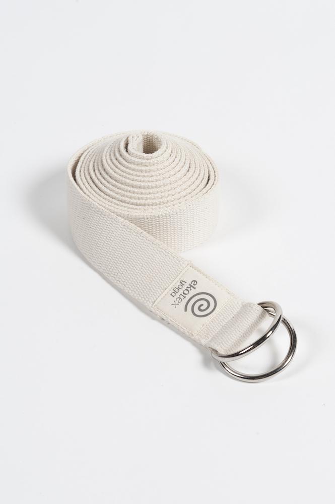 Beige GOTS certified organic cotton sustainable yoga strap with metal buckle by Ekotex