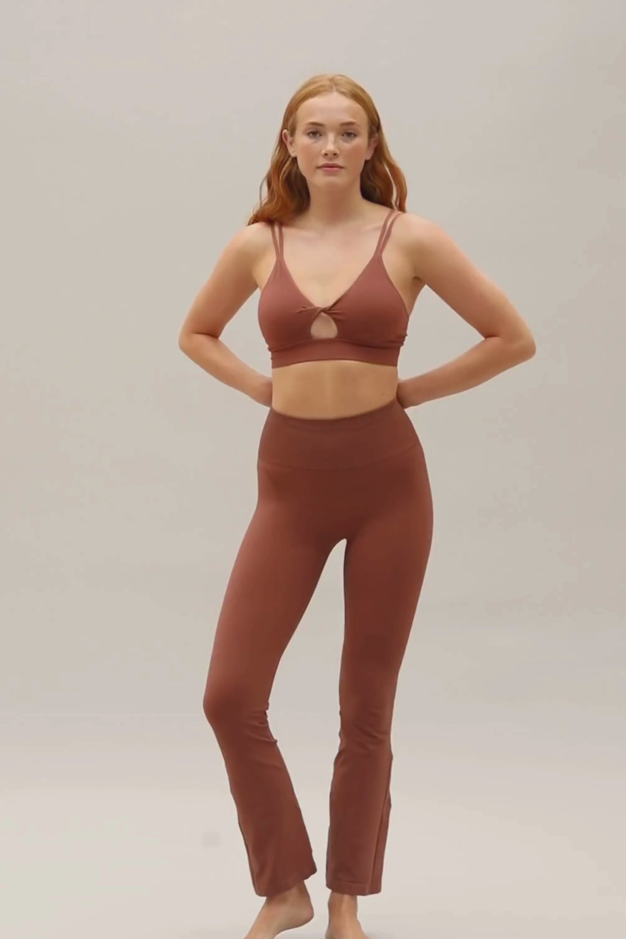 Cinnamon flare leggings with Cinnamon supportive sports bra by sustainable women's activewear brand, Jilla. 